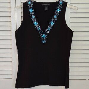 INC Chocolate Brown Sleeveless Top with Turquoise beaded Neckline - Size S